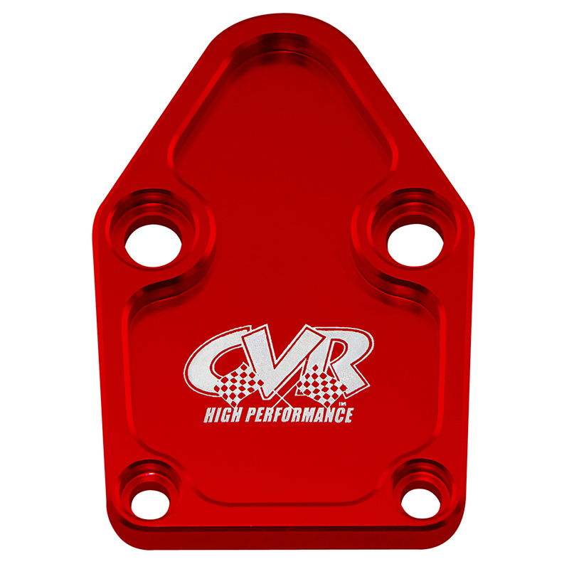 CVR, Fuel Pump Block Off, Chevrolet Small Block, Red Anodized, Aluminum, Sold as Each