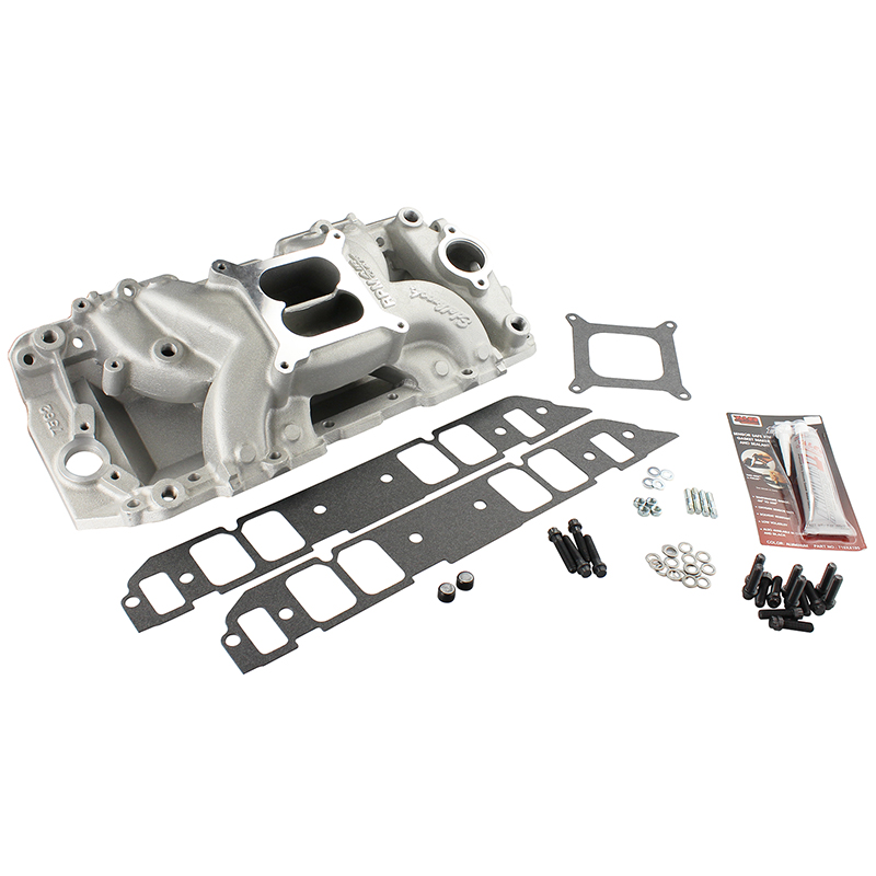 Edelbrock, RPM Air Gap Intake Manifold Kit, Chev BB, Rectangular Port, Natural Finish, 1500-6500 RPM