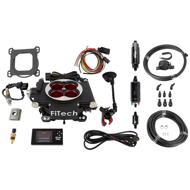 FiTech, Go EFI Power Adder 4 Self-Tuning Fuel Injection System Master Kit w/ Inline Fuel Pump, Up to 600HP, Matte Black