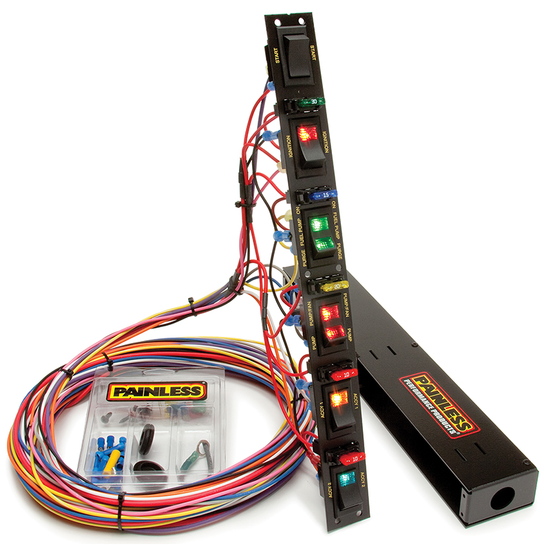 Painless, Fused Dragster Vertical 6 Switch Panel w/ Wiring & Hardware