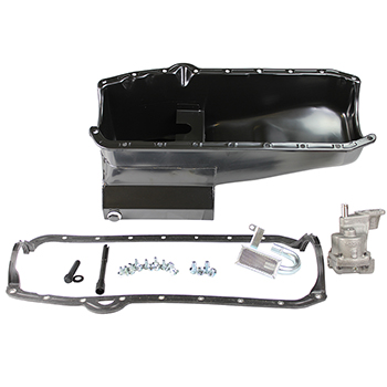 Power Products Low Profile Kicked-Out Sump Pan Kit, Chev SB Pre-80, with High Volume Pump