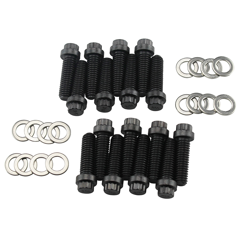 Power Products, Intake Bolts w/ Washers, Chev BB (Dual Plane Intake), 12-Point Head, Black Oxide, Set of 16