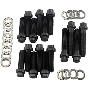 Power Products, Intake Bolts w/ Washers, Chev BB (Single Plane Intake), 12-Point Head, Black Oxide, Set of 16