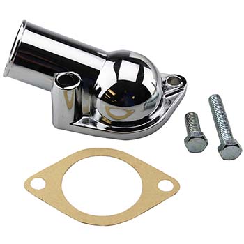 Power Products, Chrome Water Neck w/Gasket, Chevrolet Small/Big Block, Angled ('66-'75), Sold as Kit