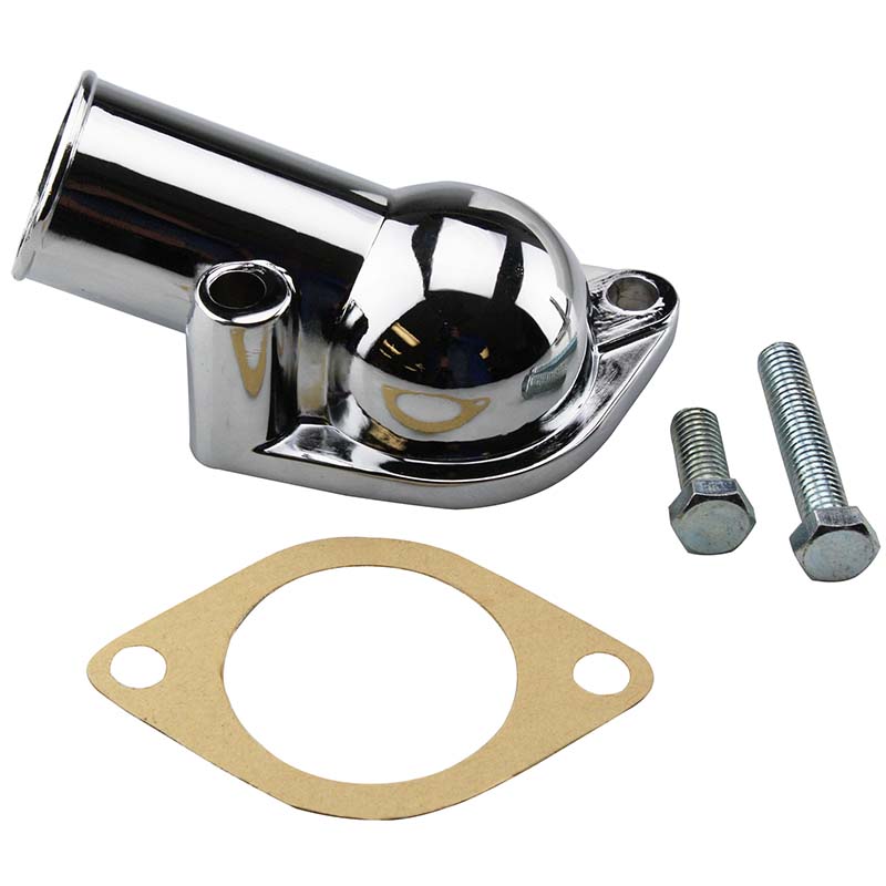 Power Products, Chrome Water Neck w/Gasket, Chevrolet Small/Big Block, Angled (66-75), Sold as Kit