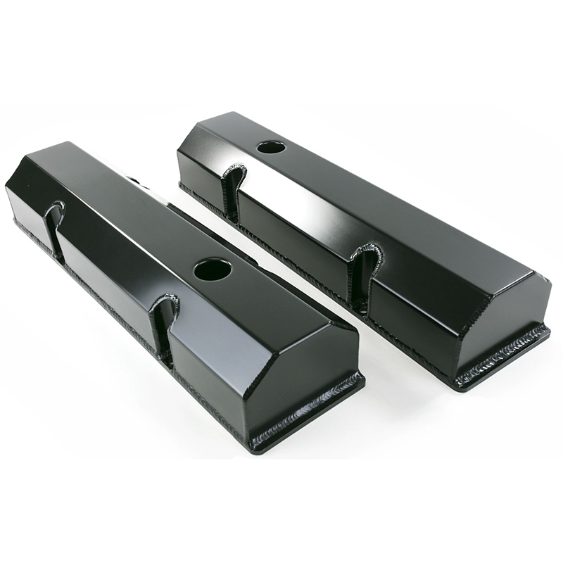 Power Products Fabricated Aluminum Valve Covers, Chev SB, Short-Bolt Design, Tall w/Breather Hole, Black, Pair