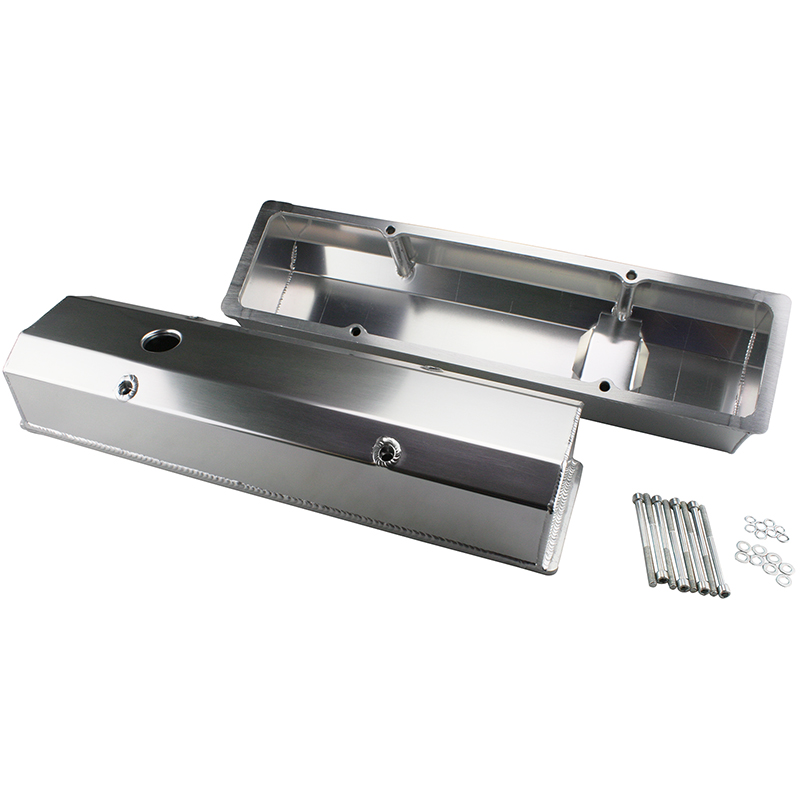 Power Products Fabricated Aluminum Valve Covers, Chev SB, Long-Bolt Design, Tall w/Breather Hole, Pair